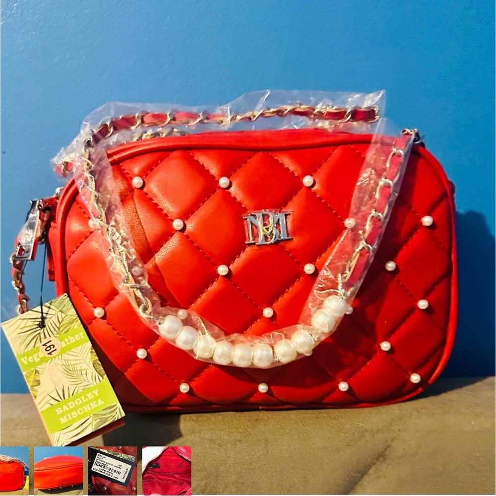 Badgley Mischka Red Quilted Crossbody Bag with Pearl Chain